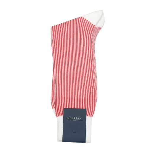 Cotton mid-calf Bresciani Fine Guage Vertical Stripe Socks - Salmon & White (104528)