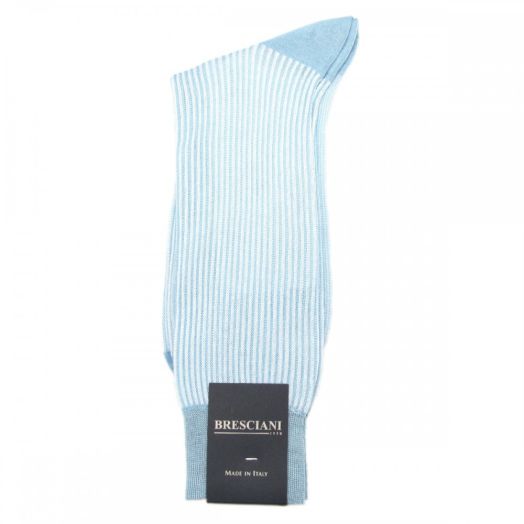 Cotton mid-calf Bresciani Fine Guage Vertical Stripe Socks - Sky with White (58976)