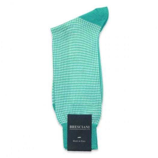 Cotton Mid-calf Bresciani Houndstooth Socks - Aqua & White (77358)