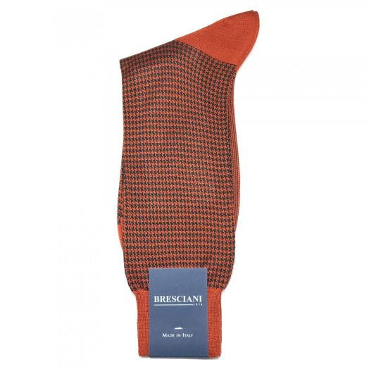 Cotton Mid-calf Bresciani Houndstooth Socks - Dark Orange & Olive (93466)