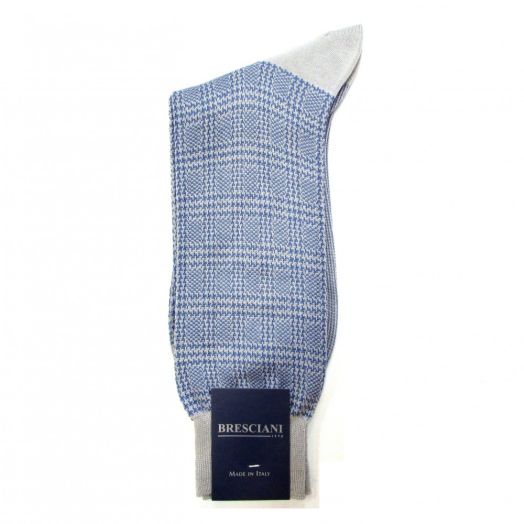 Cotton Mid-calf Bresciani Plaid Socks - Blue Ice & Silver (84570)