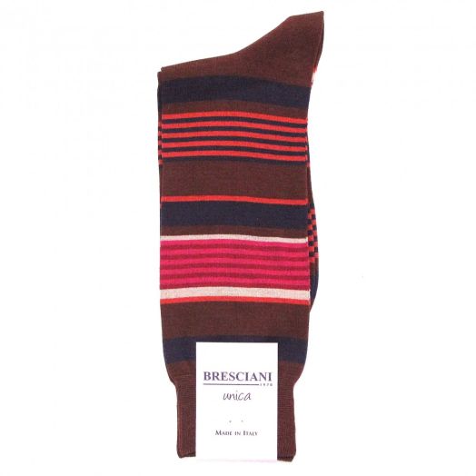 Cotton mid-calf Bresciani Socks - Milan Stripe - Rust & Brown (77408)