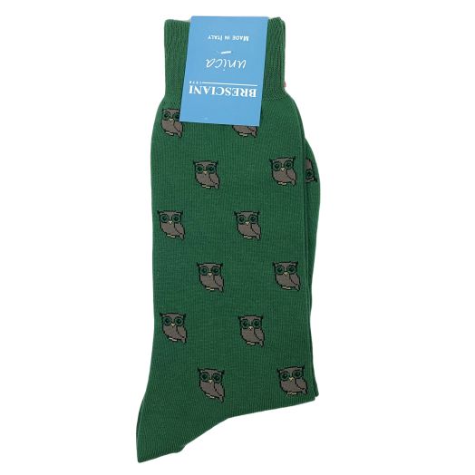 Cotton mid-calf Bresciani Socks - Owls - Green (100438)