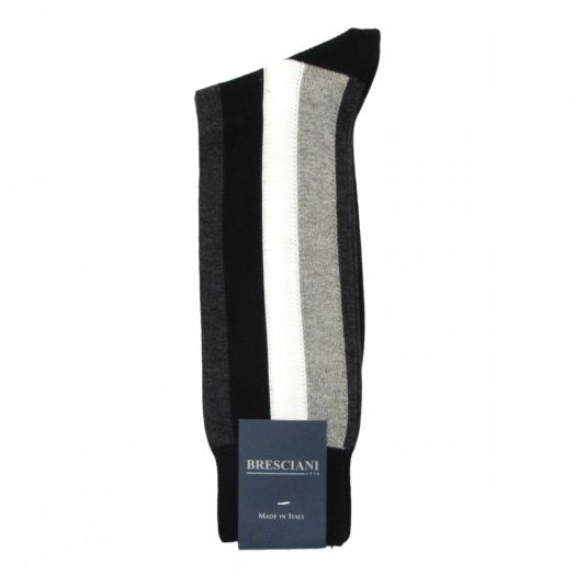 Cotton mid-calf Bresciani Vertical Stripe Socks - Black with Grey & White (77376)