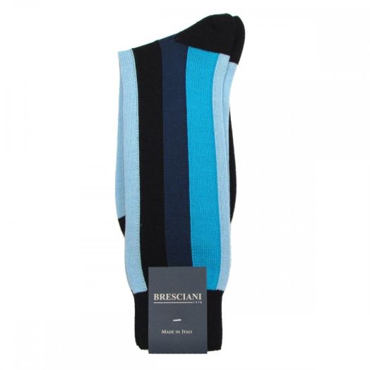 Cotton mid-calf Bresciani Vertical Stripe Socks - Navy with Aqua & Blue (53830)
