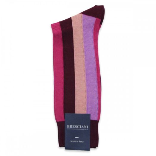 Cotton mid-calf Bresciani Vertical Stripe Socks - Wine with Lavendar & Raspberry (77374)