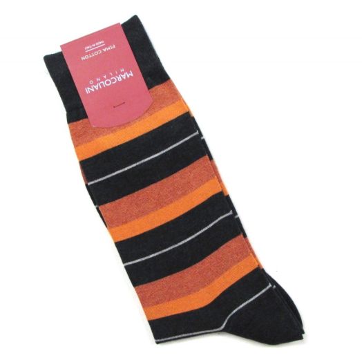 Cotton mid-calf Marcoliani Mixed Stripe Socks - Charocal & Orange (74355)