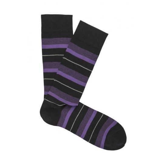 Cotton mid-calf Marcoliani Mixed Stripe Socks - Charocal & Plum (74356)
