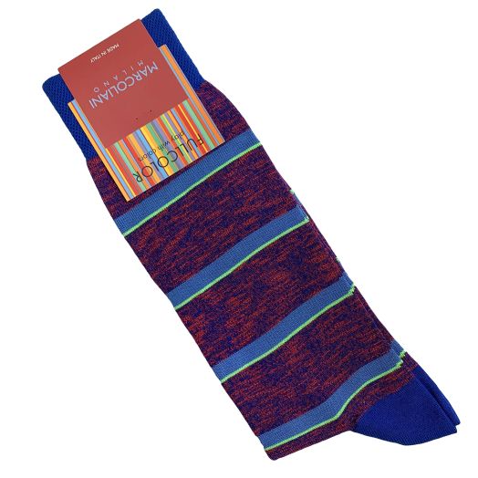 Cotton Mid-Calf Marcoliani Socks - Fluo Stripe - Red & Blue (099986)