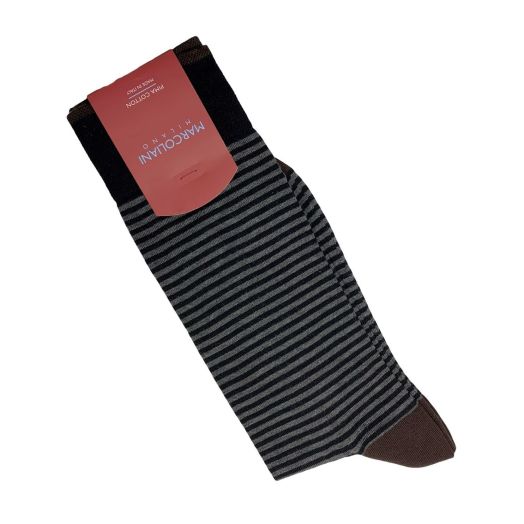 Cotton Mid-Calf Marcoliani Socks - Palio Stripe - Black with Charcoal and Brown (48617)