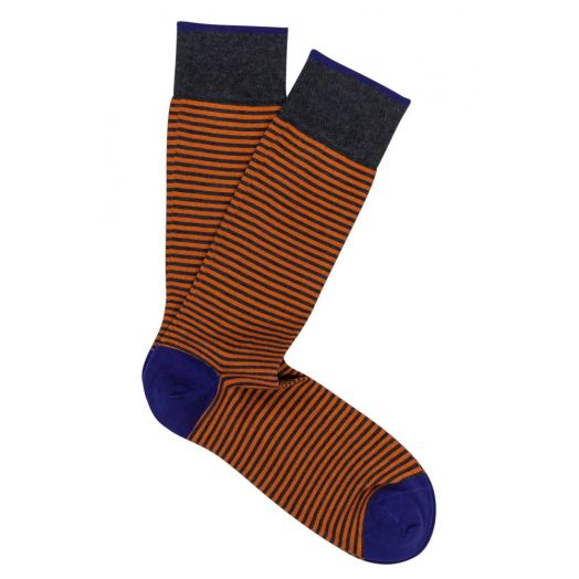 Cotton Mid-Calf Marcoliani Socks - Palio Stripe - Dark Denim with Light Blue & Orange (91119)