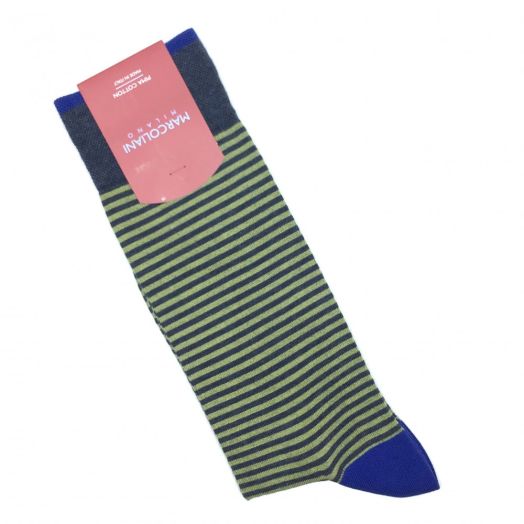 Cotton Mid-Calf Marcoliani Socks - Palio Stripe - Denim & Green (91120)