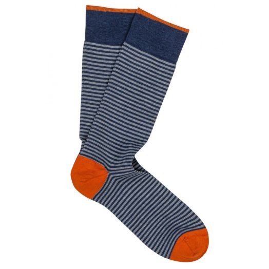 Cotton Mid-Calf Marcoliani Socks - Palio Stripe - Denim with Light Blue & Orange (91116)