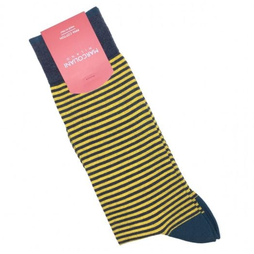 Cotton Mid-Calf Marcoliani Socks - Palio Stripe - Denim & Yellow (91122)