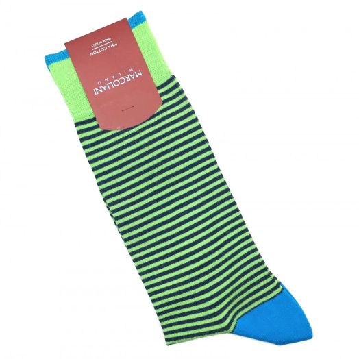 Cotton Mid-Calf Marcoliani Socks - Palio Stripe - Lime with Denim (93252)