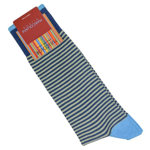 Cotton Mid-Calf Marcoliani Socks - Palio Stripe - Sage & Blue (113001)