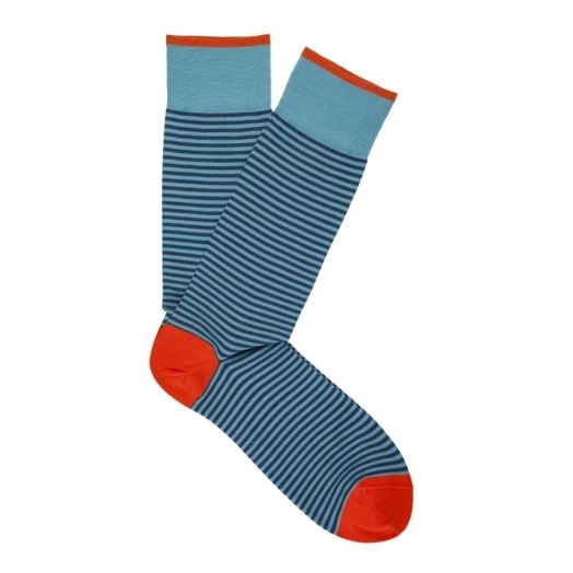Cotton Mid-Calf Marcoliani Socks - Palio Stripe - Turquiose with Navy and Orange (48618)