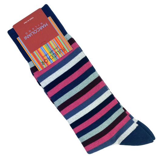 Cotton Mid-Calf Marcoliani Socks - Rainbow Stripe - Denim Fuchsia (113648)