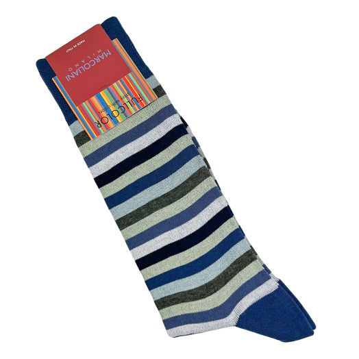 Cotton Mid-Calf Marcoliani Socks - Rainbow Stripe - Denim Sage Mix (113647)