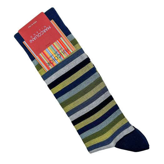 Cotton Mid-Calf Marcoliani Socks - Rainbow Stripe - Lime Mix (108139)