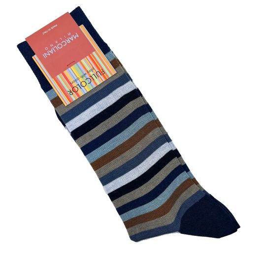 Cotton Mid-Calf Marcoliani Socks - Rainbow Stripe - Navy Brown Mix (106408)