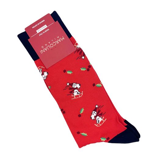 Cotton Mid-Calf Marcoliani Socks - Santa's Sleigh Dog - Red (116803)