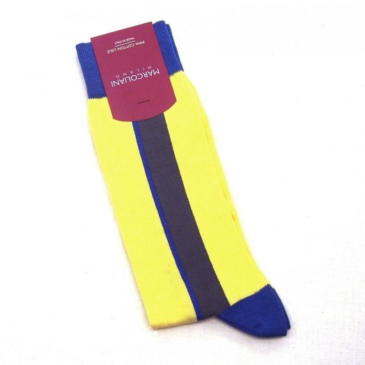 Cotton Mid-Calf Marcoliani Socks - Spinnaker Stripe - Lemon with Grey and Blue (58714)