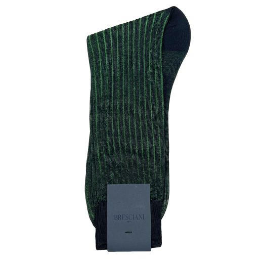 Cotton Midcalf Bresciani Fine Gauge Vertical Stripe Socks - Navy with Kelly Green (103604)