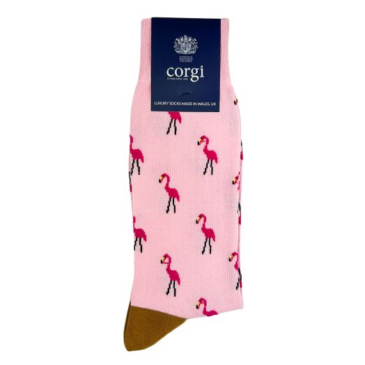 Cotton Midcalf Corgi Socks - Flamingos - Pink (118126)