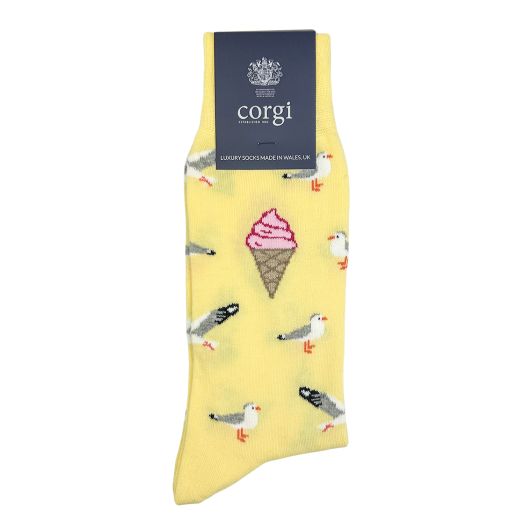 Cotton Midcalf Corgi Socks - Seagulls - Yellow (118124)