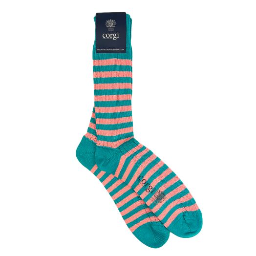 Cotton Midcalf Ribbed Socks by Corgi - Stripe - Aqua & Pink (118127)