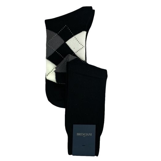 Cotton Over-the-calf Bresciani Argyle Socks - Black with Grey & White (114213)