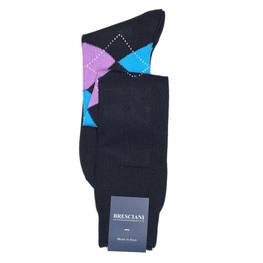 Cotton over-the-calf Bresciani Argyle Socks - Dark Navy with Turquoise & Lilac (093249)