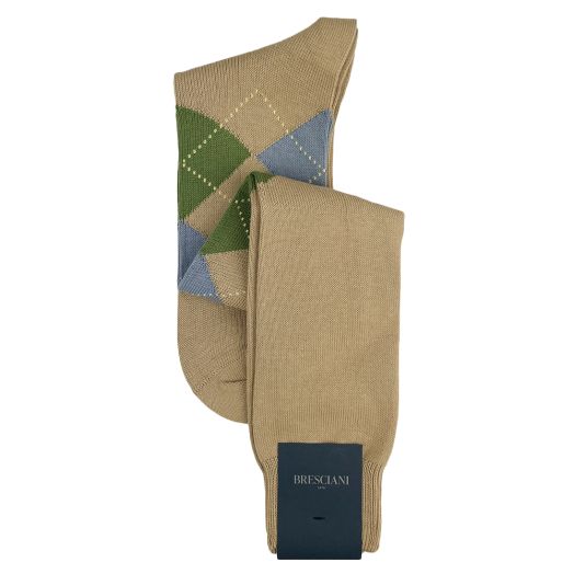 Cotton Over-the-calf Bresciani Argyle Socks - Khaki with Light Blue & Olive (114210)