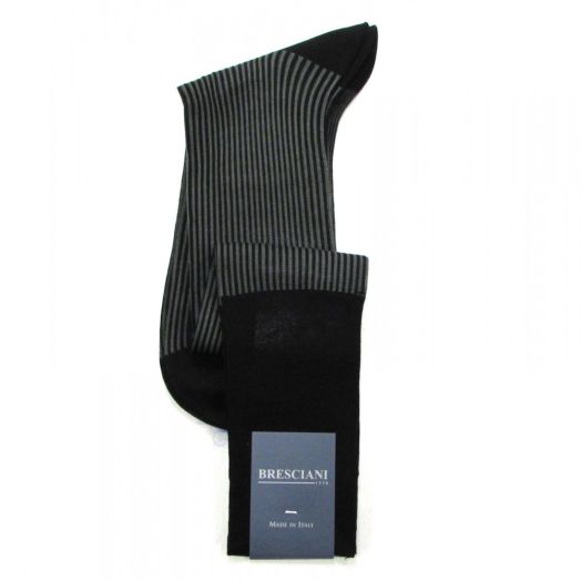 Cotton Over-the-calf Bresciani Fine Gauge Racer Stripe Socks - Black & Grey (80585)