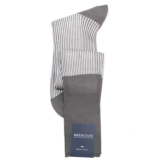 Cotton Over-the-calf Bresciani Fine Gauge Racer Stripe Socks - Grey & White (093246)