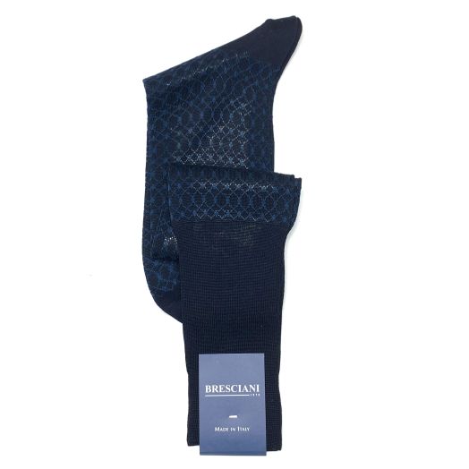 Cotton Over-the-calf Bresciani fine guage Socks - Fancy - Navy & Blue (85519)