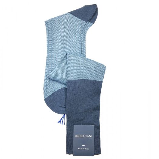 Cotton over-the-calf Bresciani Socks - Wavy Horizontal - Denim & Sky (93541)