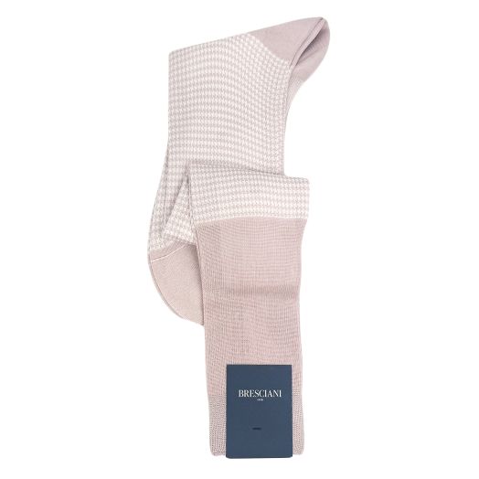 Cotton Over-the-calf fine guage Bresciani Houndstooth Socks - Dusty Rose & White (114201)