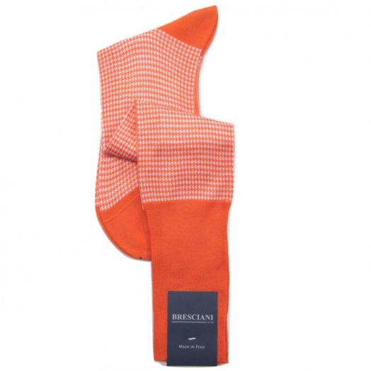 Cotton Over-the-calf fine guage Bresciani Houndstooth Socks - Orange & White (77359)