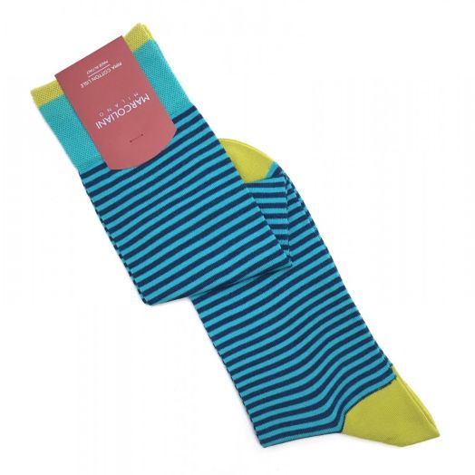 Cotton Over-the-calf Marcoliani Socks - Palio Stripe - Aqua with Navy and Chartreuse (88420)