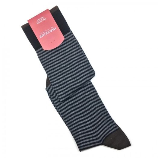 Cotton Over-the-calf Marcoliani Socks - Palio Stripe - Black, Grey & Brown (95254)
