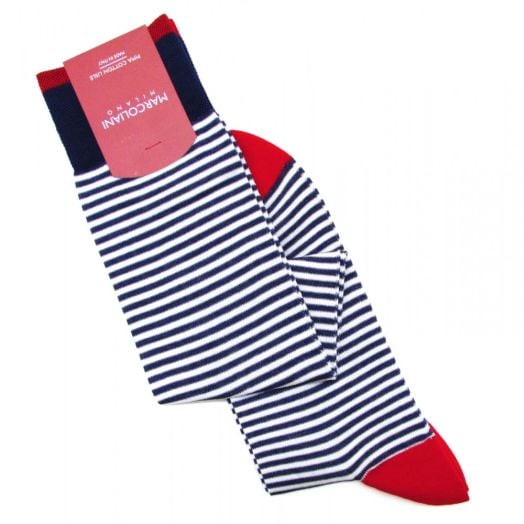 Cotton Over-the-calf Marcoliani Socks - Palio Stripe - Cobalt Blue with White and Red (85365)