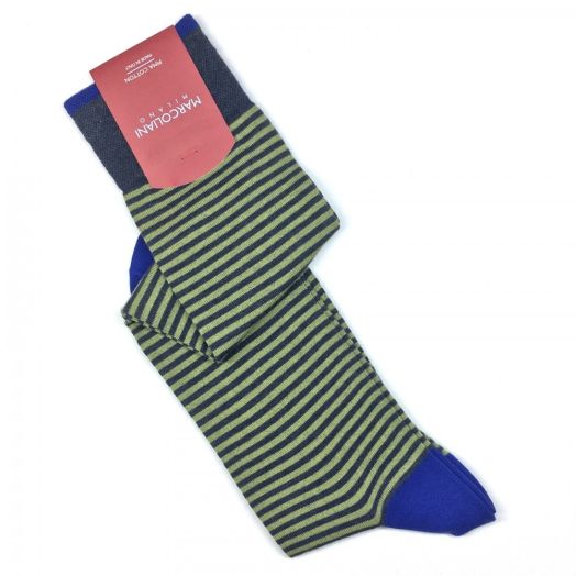 Cotton Over-the-calf Marcoliani Socks - Palio Stripe - Denim, Chartruese & Royal (90959)