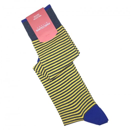 Cotton Over-the-calf Marcoliani Socks - Palio Stripe - Denim, Curry & Royal (90961)