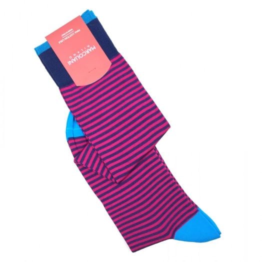 Cotton Over-the-calf Marcoliani Socks - Palio Stripe - Denim Fuchsia & Aqua(93254)