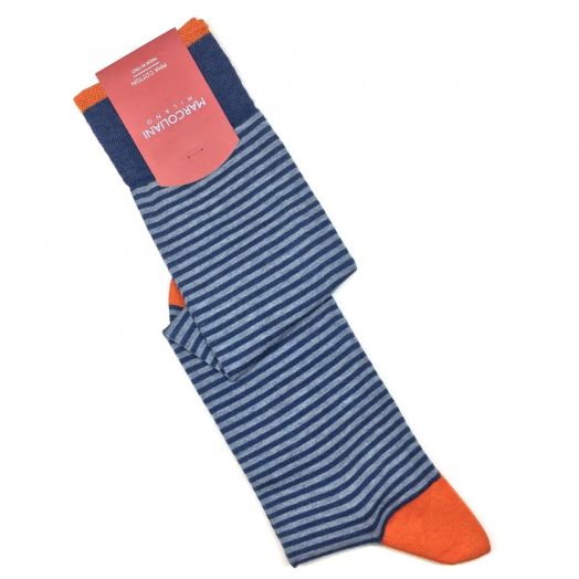 Cotton Over-the-calf Marcoliani Socks - Palio Stripe - Denim, Light Blue & Orange (90955)