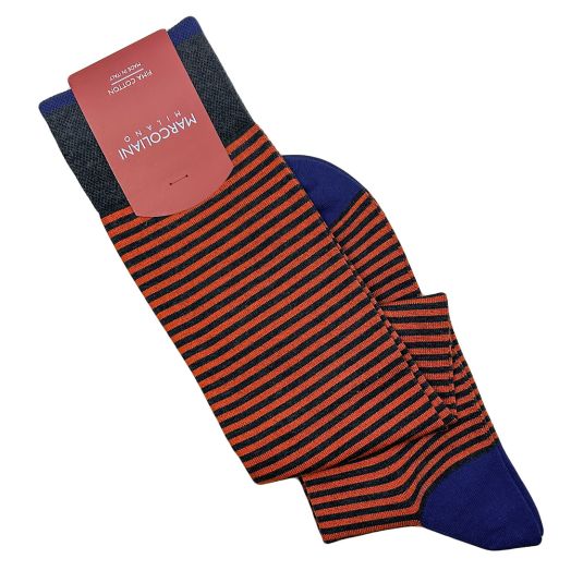 Cotton Over-the-calf Marcoliani Socks - Palio Stripe - Denim, Light Blue & Orange (90958)