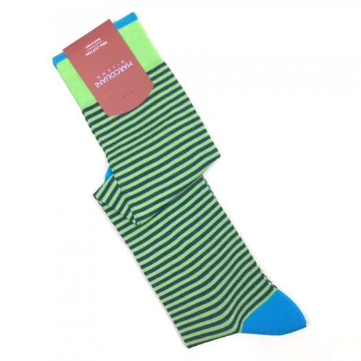 Cotton Over-the-calf Marcoliani Socks - Palio Stripe - Lime, Denim & Aqua (93253)