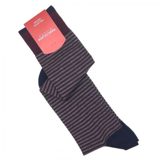 Cotton Over-the-calf Marcoliani Socks - Palio Stripe - Plum, Grey & Navy (90957)
